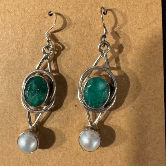 green Apatite and Pearl Earrings Sterling Silver 925 Vintage Style New - Picture 2 of 5